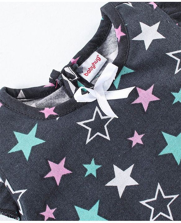 Babyhug Cotton Knit Short Sleeves Nighty Star Print - Navy Blue