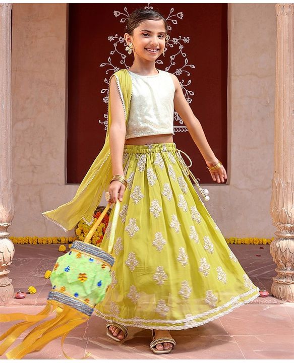 Babyhug Sleeveless Sequenced Choli With Gotta Patti Embroidered Lehenga And Dupatta- Mustard