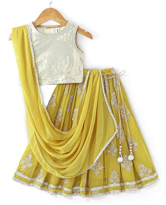 Babyhug Sleeveless Sequenced Choli With Gotta Patti Embroidered Lehenga And Dupatta- Mustard