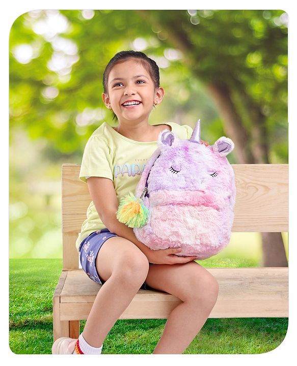 Babyhug Soft Plush Unicorn Twilight Sparkling Kids School Bag Purple & Pink - 12 Inches