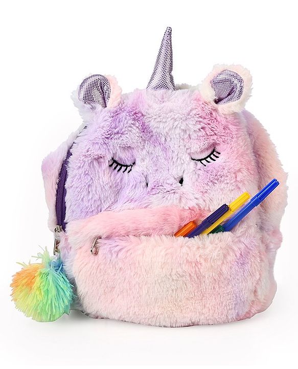 Babyhug Soft Plush Unicorn Twilight Sparkling Kids School Bag Purple & Pink - 12 Inches