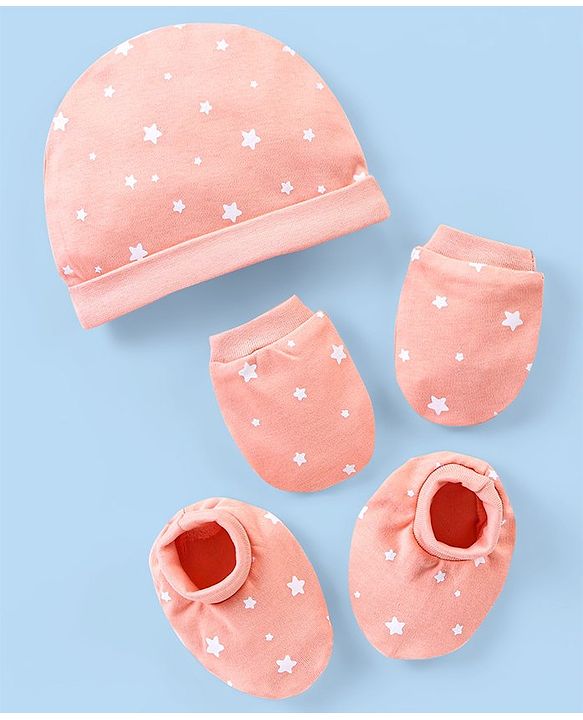 Babyhug 100% Cotton Cap Mittens And Booties Star Print - Peach
