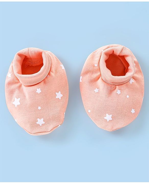 Babyhug 100% Cotton Cap Mittens And Booties Star Print - Peach