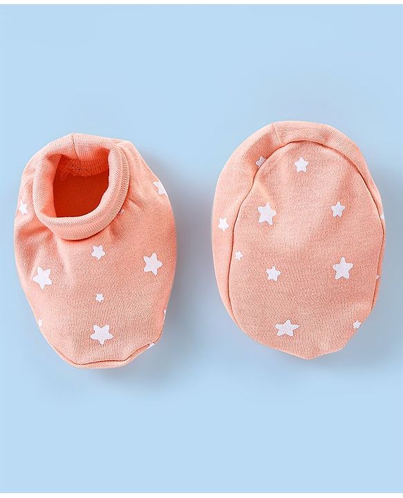 Babyhug 100% Cotton Cap Mittens And Booties Star Print - Peach