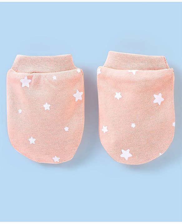 Babyhug 100% Cotton Cap Mittens And Booties Star Print - Peach