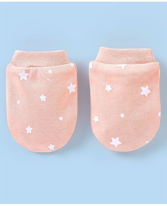 Babyhug 100% Cotton Cap Mittens And Booties Star Print - Peach