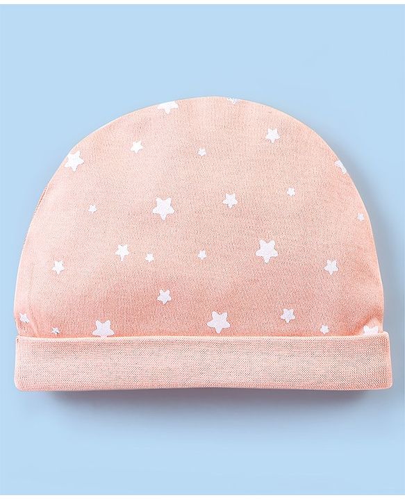 Babyhug 100% Cotton Cap Mittens And Booties Star Print - Peach