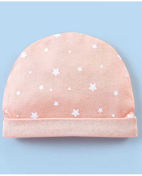 Babyhug 100% Cotton Cap Mittens And Booties Star Print - Peach