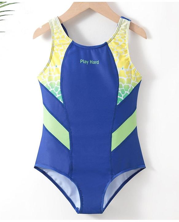 Pine Active Sleeveless V Cut Swimsuit Text Print - Blue