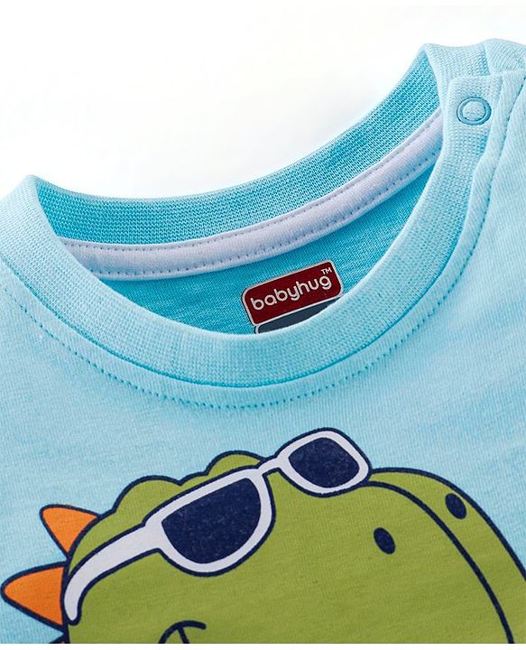 Babyhug Cotton Knit Half Sleeves T-Shirts with Dino Print Pack of 3 - White Blue & Green