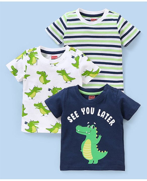 Babyhug Cotton Jersey Half Sleeves T-Shirt Crock Print Pack Of 3 - Green & White
