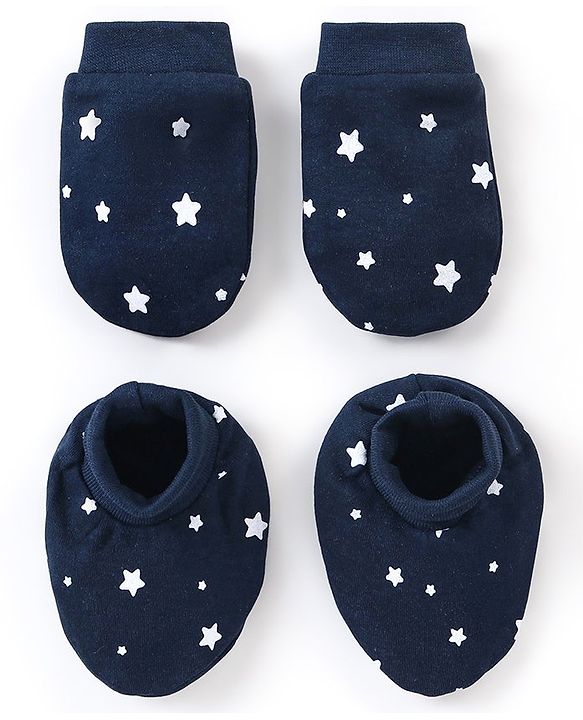 Babyhug 100% Cotton Star Printed Mittens & Booties - Navy Blue