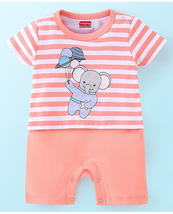 Babyhug 100% Cotton Knit Half Sleeves Striped Romper with Elephant Print - Peach