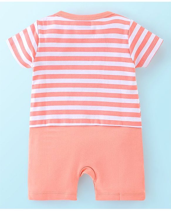 Babyhug 100% Cotton Knit Half Sleeves Striped Romper with Elephant Print - Peach