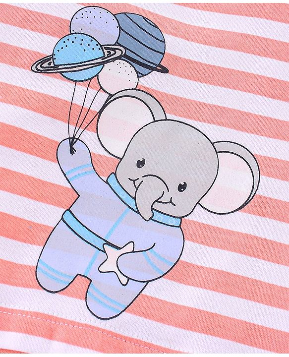 Babyhug 100% Cotton Knit Half Sleeves Striped Romper with Elephant Print - Peach