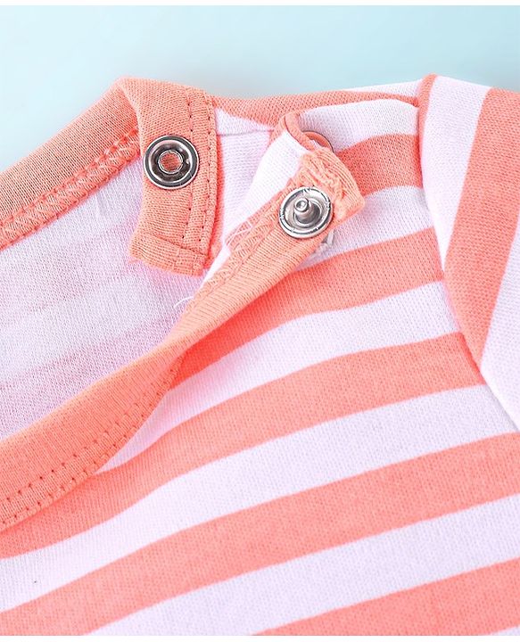 Babyhug 100% Cotton Knit Half Sleeves Striped Romper with Elephant Print - Peach