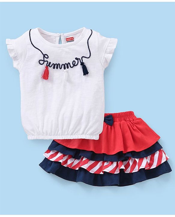 Babyhug 100% Cotton Half Sleeves Top & Skirt Set With Embroidery & Tassel Detailing- White Navy & Red