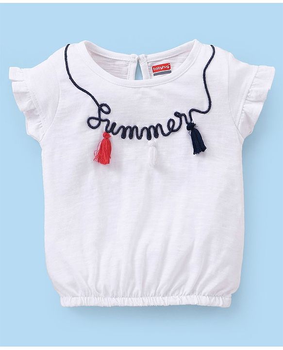 Babyhug 100% Cotton Half Sleeves Top & Skirt Set With Embroidery & Tassel Detailing- White Navy & Red