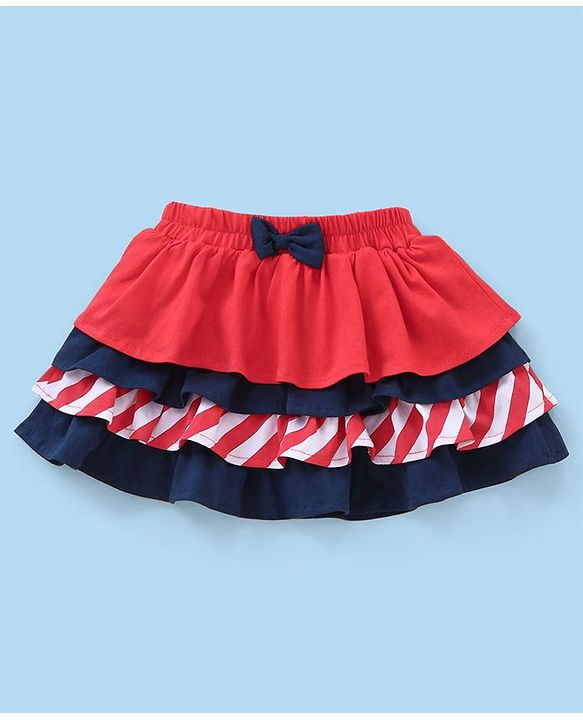 Babyhug 100% Cotton Half Sleeves Top & Skirt Set With Embroidery & Tassel Detailing- White Navy & Red