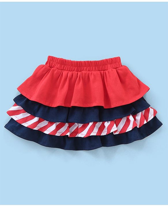 Babyhug 100% Cotton Half Sleeves Top & Skirt Set With Embroidery & Tassel Detailing- White Navy & Red