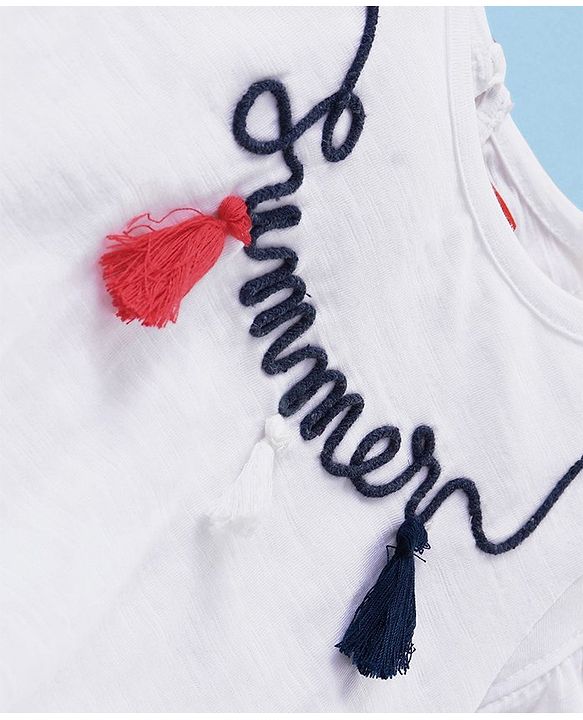 Babyhug 100% Cotton Half Sleeves Top & Skirt Set With Embroidery & Tassel Detailing- White Navy & Red