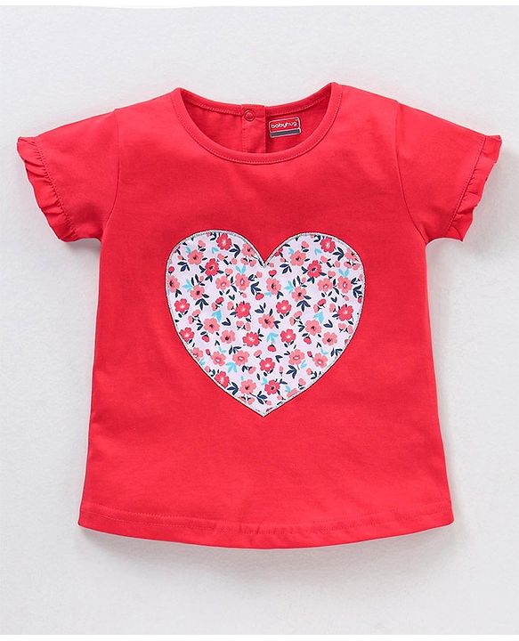 Babyhug 100% Cotton Knit Half Sleeves Top and Skirt Floral Heart Applique - Red & Blue