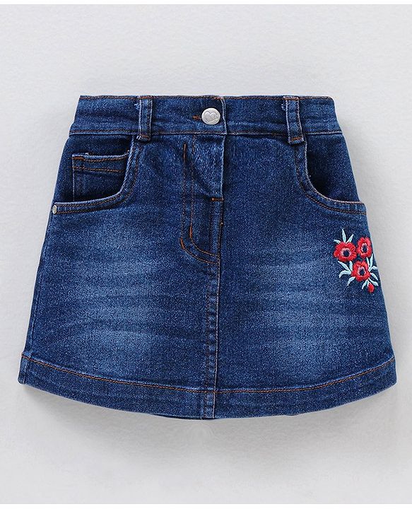 Babyhug 100% Cotton Knit Half Sleeves Top and Skirt Floral Heart Applique - Red & Blue