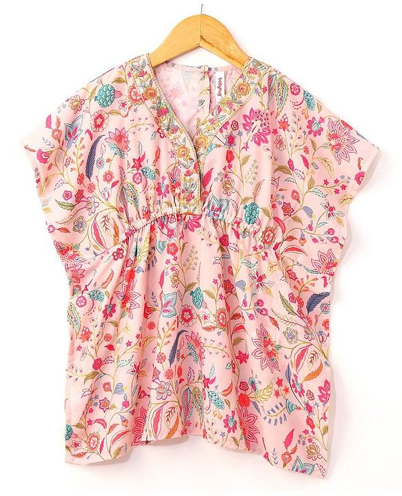 Babyhug Half Sleeves Kaftan Top With Leggings Floral Print- Peach
