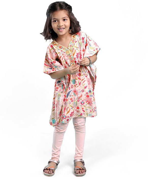 Babyhug Half Sleeves Kaftan Top With Leggings Floral Print- Peach