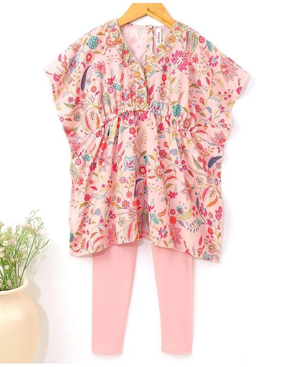 Babyhug Half Sleeves Kaftan Top With Leggings Floral Print- Peach