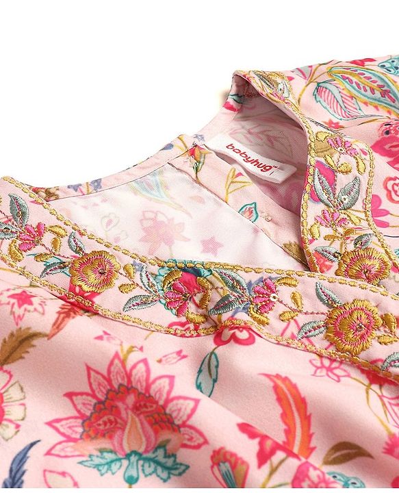 Babyhug Half Sleeves Kaftan Top With Leggings Floral Print- Peach