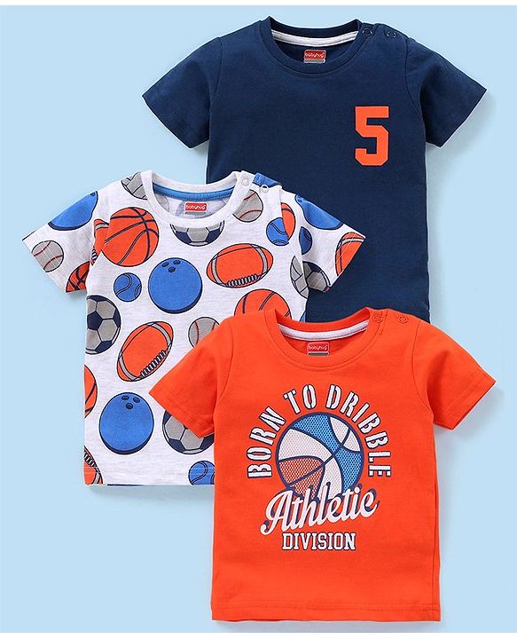 Babyhug Cotton Knit Half Sleeves Text & Balls Printed T-Shirts Pack of 3 - Red & Navy Blue