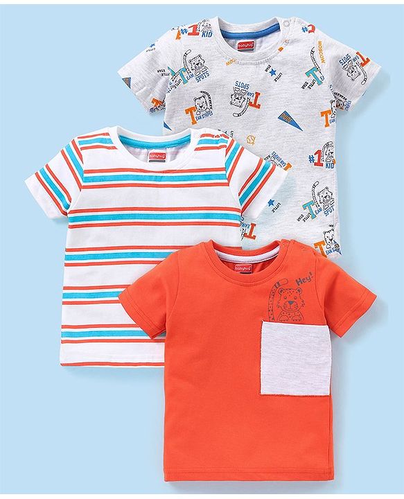 Babyhug Cotton Half Sleeves T-Shirts Tiger Print Pack Of 3 - Grey & Orange
