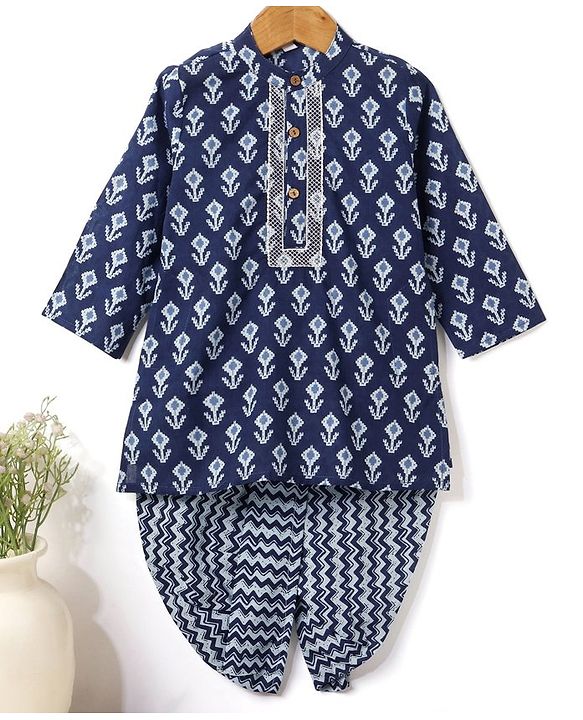 Babyhug 100% Cotton Full Sleeves Floral Printed Kurta & Dhoti Set- Indigo