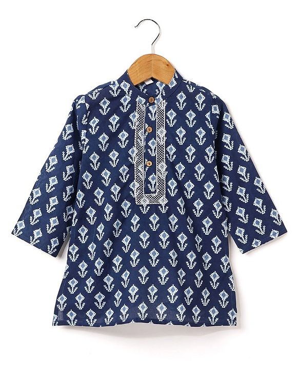 Babyhug 100% Cotton Full Sleeves Floral Printed Kurta & Dhoti Set- Indigo