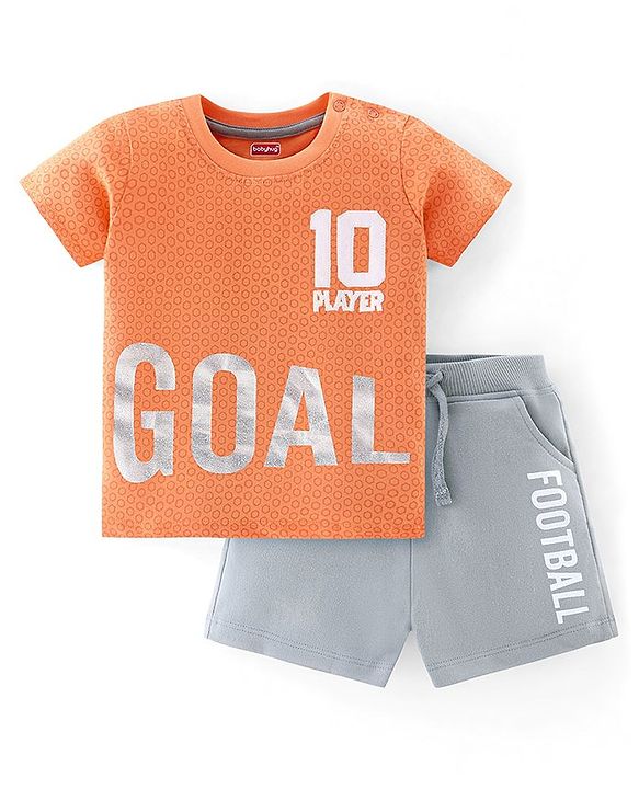 Babyhug 100% Cotton Knit Half Sleeves T-Shirt & Shorts Set Text Print - Orange & Grey