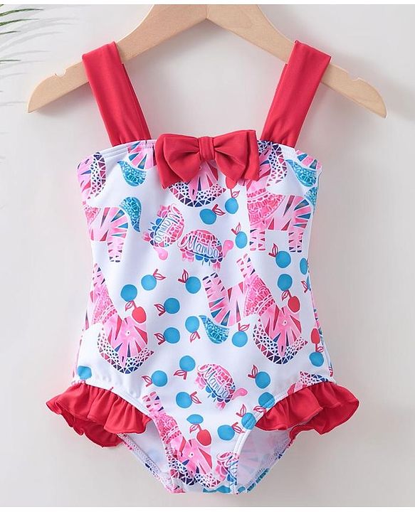 Babyhug Sleeveless V Cut Swimsuit Zebra Print & Bow Applique - Red White & Blue