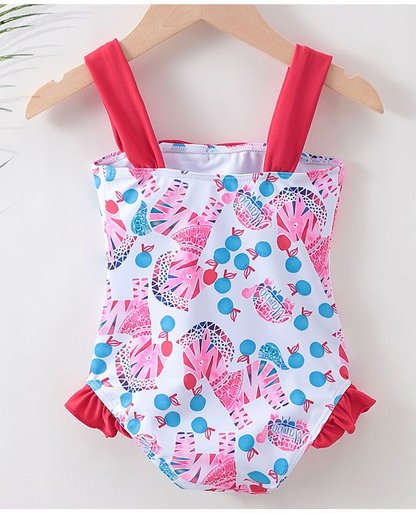 Babyhug Sleeveless V Cut Swimsuit Zebra Print & Bow Applique - Red White & Blue