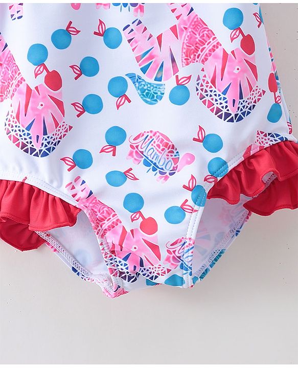 Babyhug Sleeveless V Cut Swimsuit Zebra Print & Bow Applique - Red White & Blue