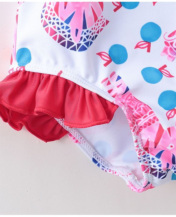 Babyhug Sleeveless V Cut Swimsuit Zebra Print & Bow Applique - Red White & Blue