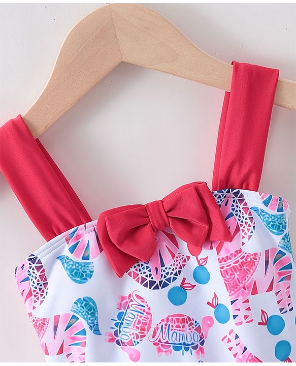 Babyhug Sleeveless V Cut Swimsuit Zebra Print & Bow Applique - Red White & Blue
