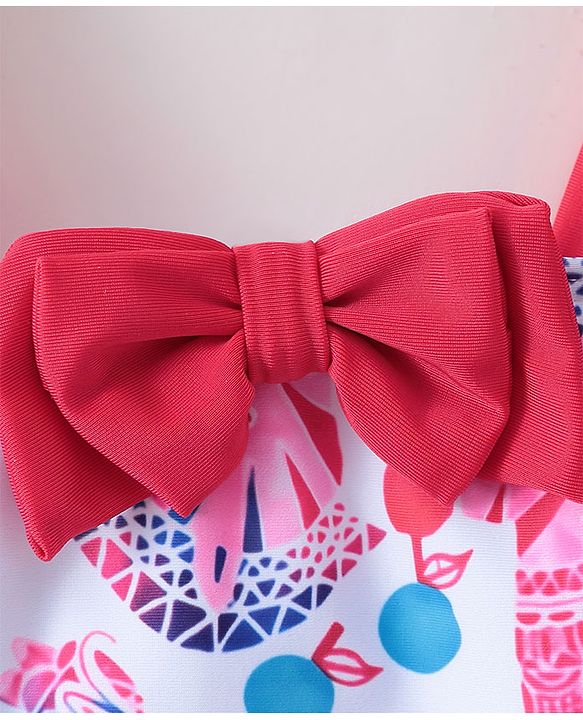 Babyhug Sleeveless V Cut Swimsuit Zebra Print & Bow Applique - Red White & Blue