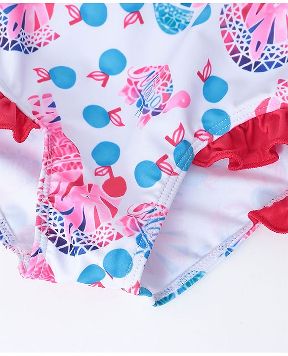 Babyhug Sleeveless V Cut Swimsuit Zebra Print & Bow Applique - Red White & Blue