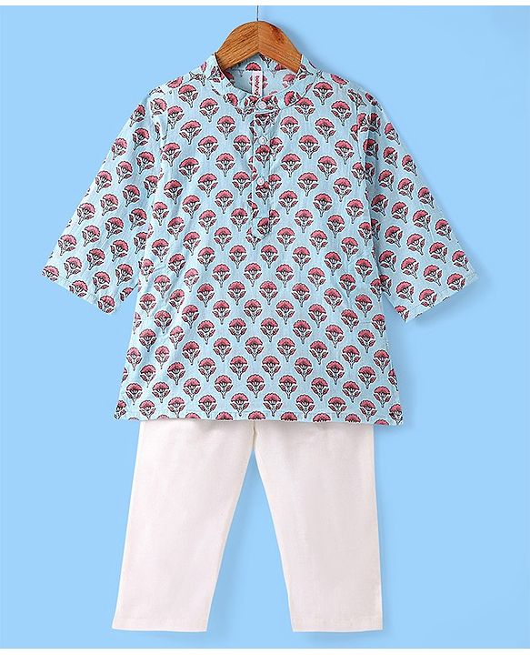 Babyhug 100% Cotton Full Sleeves Floral Printed Kurta & Pyjama Set - Blue