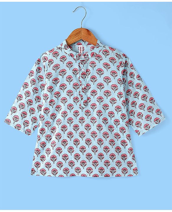 Babyhug 100% Cotton Full Sleeves Floral Printed Kurta & Pyjama Set - Blue