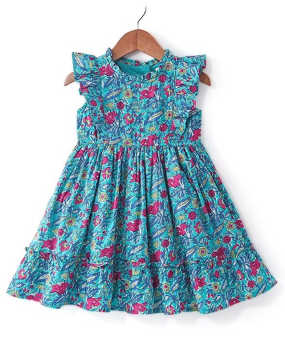 Babyhug 100% Cotton Woven Cap Sleeves Ethnic Dress with Floral Print - Blue