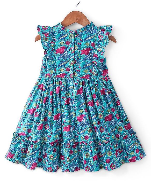 Babyhug 100% Cotton Woven Cap Sleeves Ethnic Dress with Floral Print - Blue