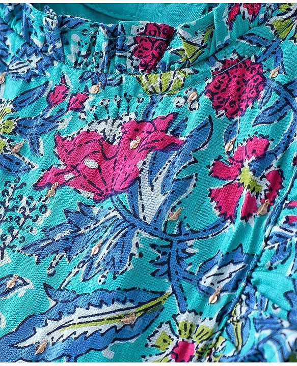 Babyhug 100% Cotton Woven Cap Sleeves Ethnic Dress with Floral Print - Blue
