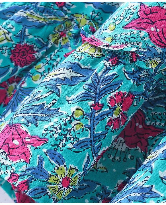 Babyhug 100% Cotton Woven Cap Sleeves Ethnic Dress with Floral Print - Blue