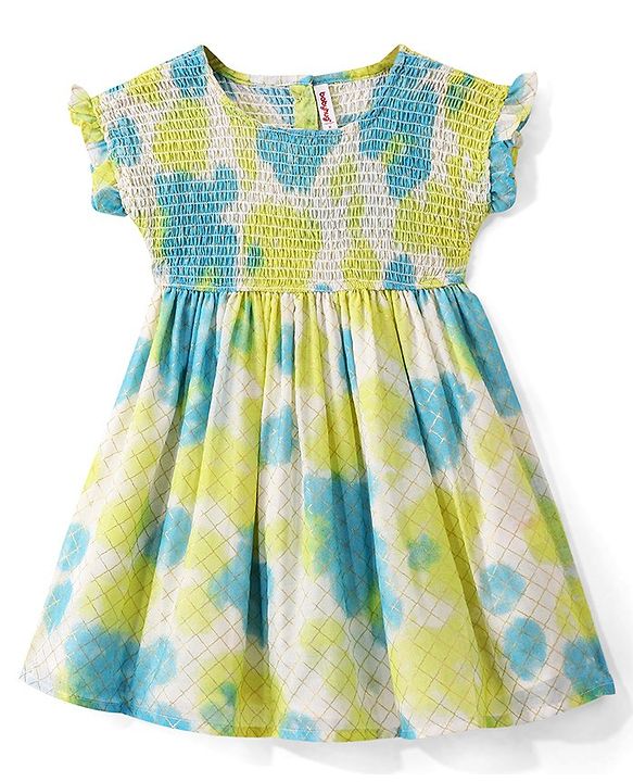 Babyhug Cotton Sleeveless Ethnic Dress With Tie & Dye Print - Green Blue & White